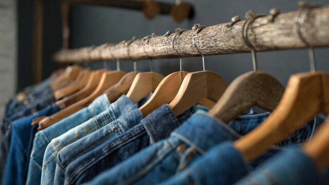 Display Of Blue Denim Jeans Hanging In A Closet On Rustic Wooden Hangers And Rail With Soft Diffused Light Against Gray Wall