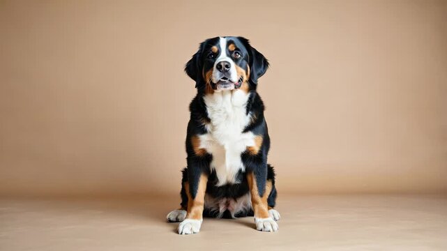 A single Bernese Mountain dog sitting in front of a beige background with an attentive and calm expression
