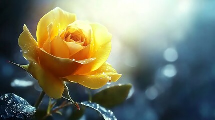 A glowing yellow rose blooms under a soft light with water droplets present