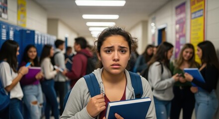 Distressed student navigating crowded high school hallway with anxious expression displayed