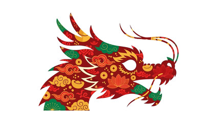 Stylized Dragon Head Illustration with Asian Cultural Motifs