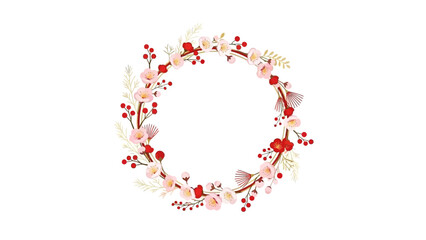 Floral Wreath of Pink Blossoms and Red Berries on White