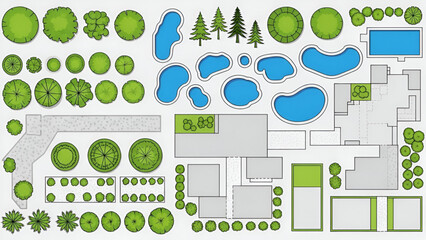 Landscape design plan with various trees and ponds on