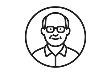 Portrait of a man with glasses smiling in a round frame, showcasing a friendly appearance and warmth in a simple line drawing style