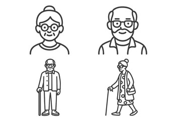 Elderly people in various poses showing activities and expressions in simple line art style