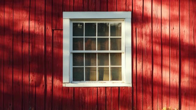 A quaint red barn with sunlight streaming through the windows
