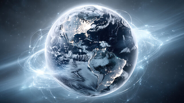 Glowing digital earth with global network connectivity and streaming data rings around planet showcasing internet technology and luminous links conveying modern digital communication and planetary