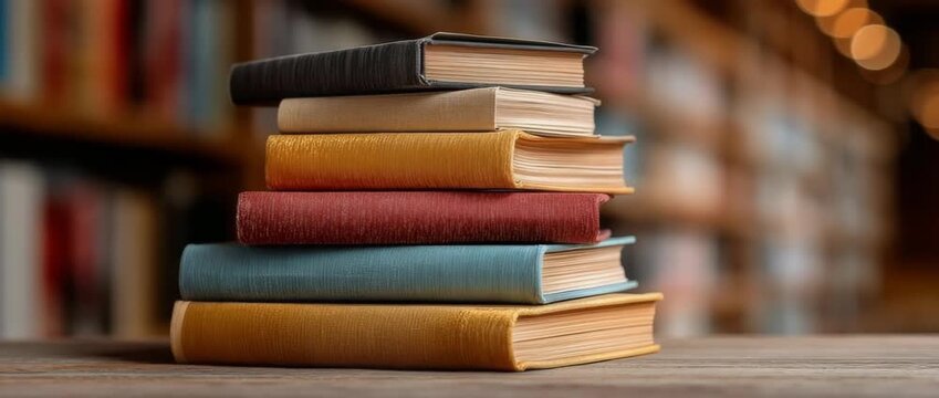 A pile of books on a library table