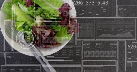 HUD overlays appearing, scanning and analyzing salad bowl while fork shifting and readouts updating