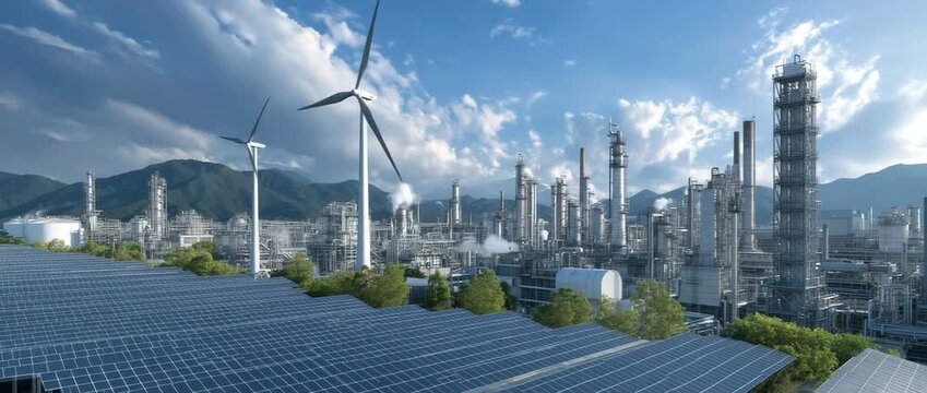 An oil refinery is complemented by a green industrial sector powered by solar and wind turbines, demonstrating an eco-friendly energy transition.