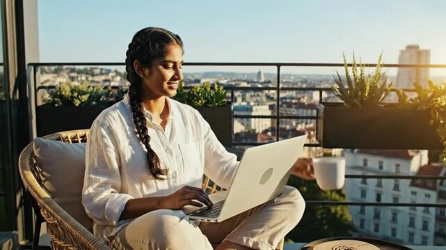 Young woman works remotely on a laptop enjoying morning sunshine on a highrise city balcony terrace setting