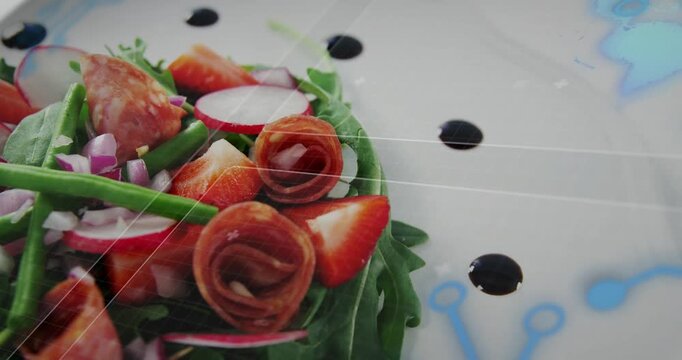 Camera sliding rightward, plated salad revealing rosettes and textures for menu styling showcase