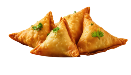 Crispy samosas with golden fried texture ready to serve as savory snacks isolated on a plain background