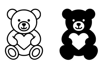 Icon for Valentine, teddy bear illustration, black and white, outline and silhouette versions