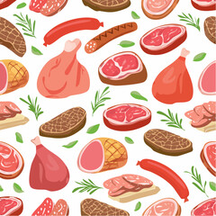 Hand drawn meat, steak, beef, lamb grill meat and sausage seamless pattern. Vector illustration