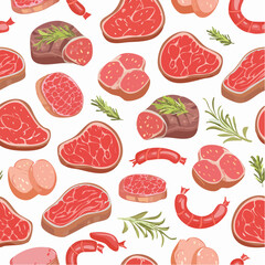 Hand drawn meat, steak, beef, lamb grill meat and sausage seamless pattern. Vector illustration