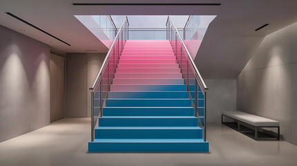 Fototapeta premium Modern staircase featuring a pink and blue color scheme, characterized by its stylish ascent.