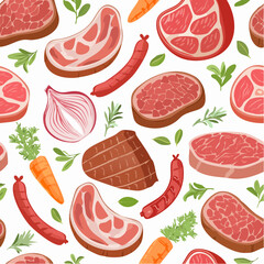Hand drawn meat, steak, beef, lamb grill meat and sausage seamless pattern. Vector illustration