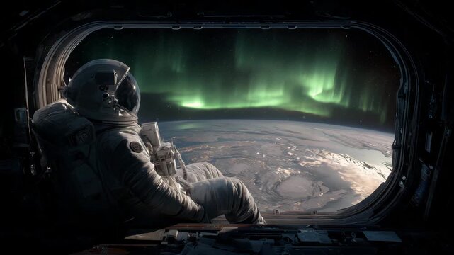 An astronaut sits inside a space station and looks out at luminous auroras lighting up the sky over Earth at night