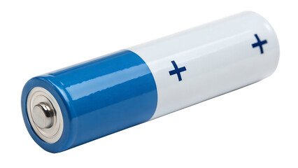 Blue and white cylindrical battery with plus symbol isolated cut out on PNG. AI GENERATED.
