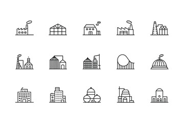Diverse collection of industrial and architectural building line icons illustrated