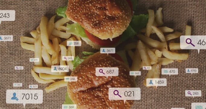 First metric badge appearing over two sesame burgers and fries, badges growing to show like counts