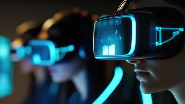 Three individuals wearing virtual reality headsets, immersed in a digital environment.