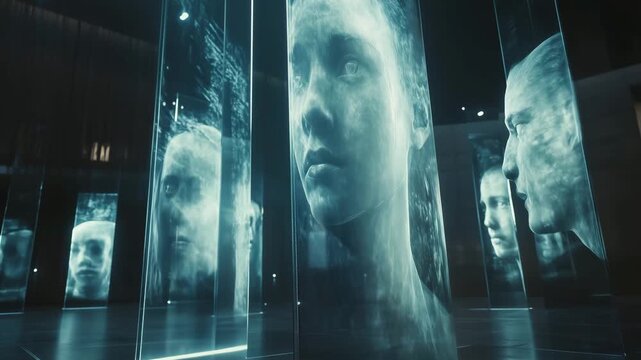 A digital art installation features holographic displays of human faces in a modern gallery space designed for interactive experiences