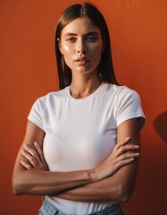 Obraz premium Beautiful Woman Waist Up Arms Crossed White T-Shirt Confident Pose