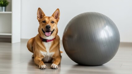 Happy dog with exercise ball in modern living room