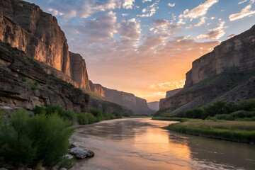 Scenic red rock canyon landscape with a river and sunset sky over the Utah mountains