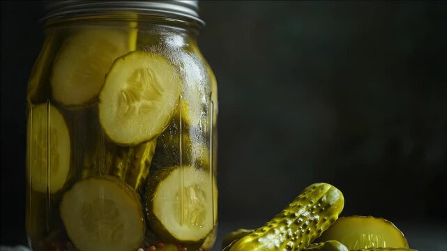 Clear jar with round slices of pickles inside and outside the jar. High quality .