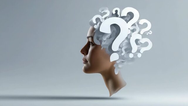 Profile of young female with floating white question marks on gray background
