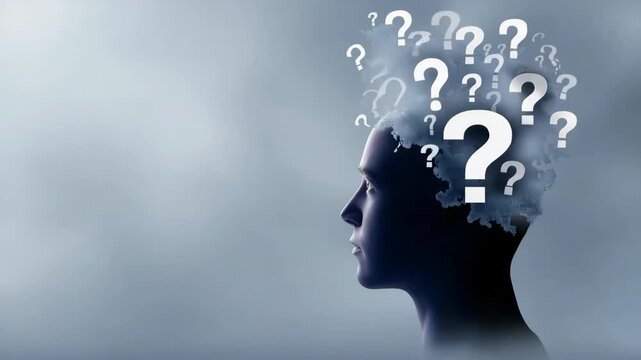 Silhouette of a person with question marks illustrating thoughts and uncertainty