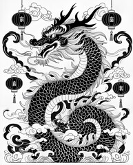 Fototapeta premium Chinese Dragon Illustration with Black Kanji Symbol