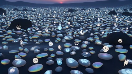 A magical field of iridescent stones illuminated by glowing symbols under a setting sun