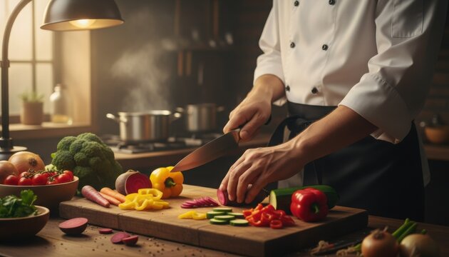 Chef in white coat apron hands chopping colorful fresh vegetables like pepper, onion, broccoli on a wooden cutting board in kitchen - Powered by Adobe