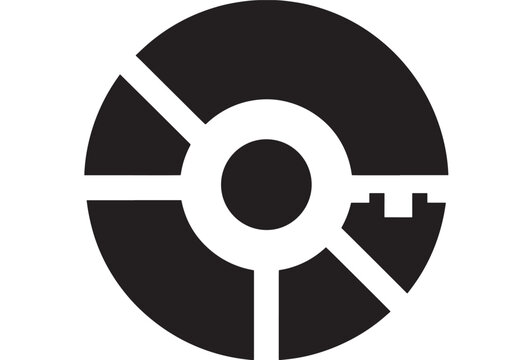 Simple black and white circular emblem featuring a key design