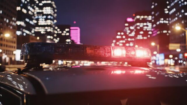 Close up of a police car roof with flashing red and blue lights at night in a city downtown area. Emergency vehicle for law enforcement and public safety.