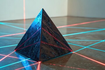 Abstract dark pyramid sculpture intersected by red and cyan laser beams