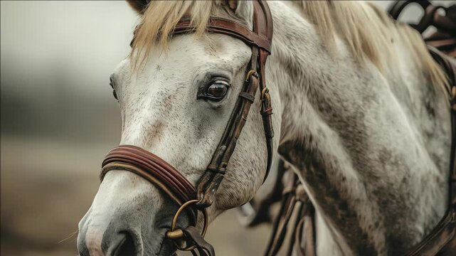 White horse with harness and reins walking outdoors.