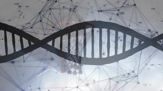 Male basketball player raising ball and shooting to score while DNA helix overlaying, revealing net