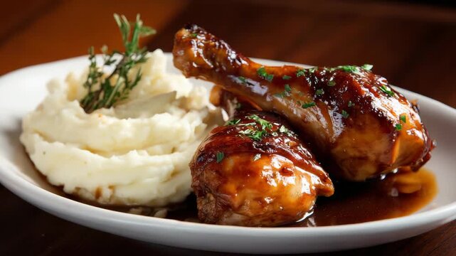 Grilled Chicken Drumsticks with Mashed Potatoes on White Plate and Brown Sauce Garnish with Green Herbs on Wooden Surface Dark Background