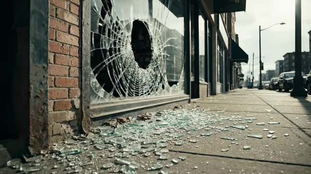 Shattered glass on sidewalk in front of a broken storefront. Damage to shop window after breaking, vandalism, or robbery. Destruction concept.