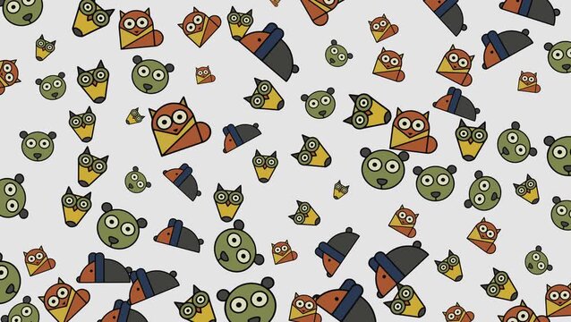 A clean seamless loop featuring geometric foxes, owls, and bear faces on a white background. Light, playful animation perfect for motion graphics, kids themes, and decorative loops.