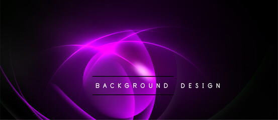 Abstract purple design features flowing lines, bright center glow. Text reads background design. Dark background enhances vibrant colors.