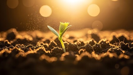 Tiny green sprout emerging from rich soil at sunrise