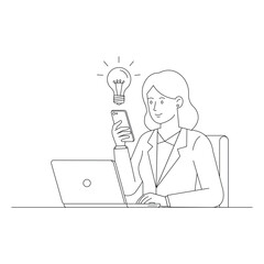 Business Woman Finding Solution on Smartphone &ndash; Minimal Line Art Illustration with Light Bulb Idea Concept