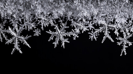 Silver hanging snowflakes border on black background. Winter holiday decoration with copy space for text
