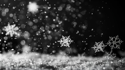 Silver hanging snowflakes border on black background. Winter holiday decoration with copy space for text